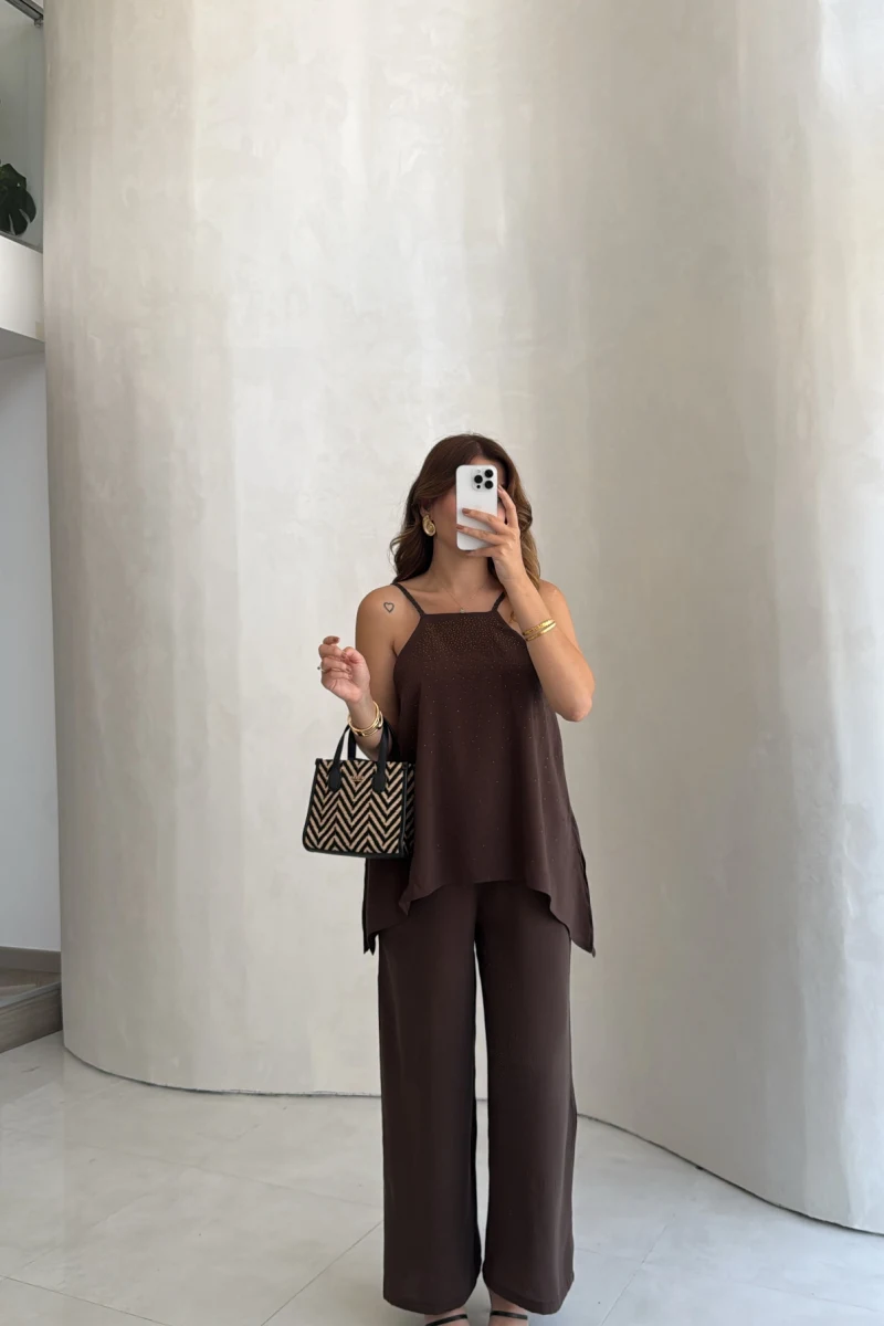 Askılı Taşlı Tulum - Kahve - Kod: 3464