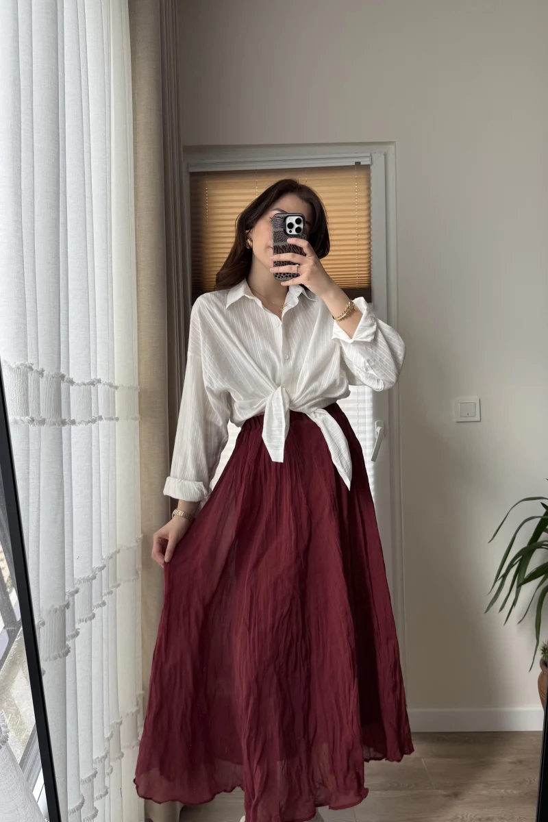 Astarlı Bordo Kloş Kırışık Etek