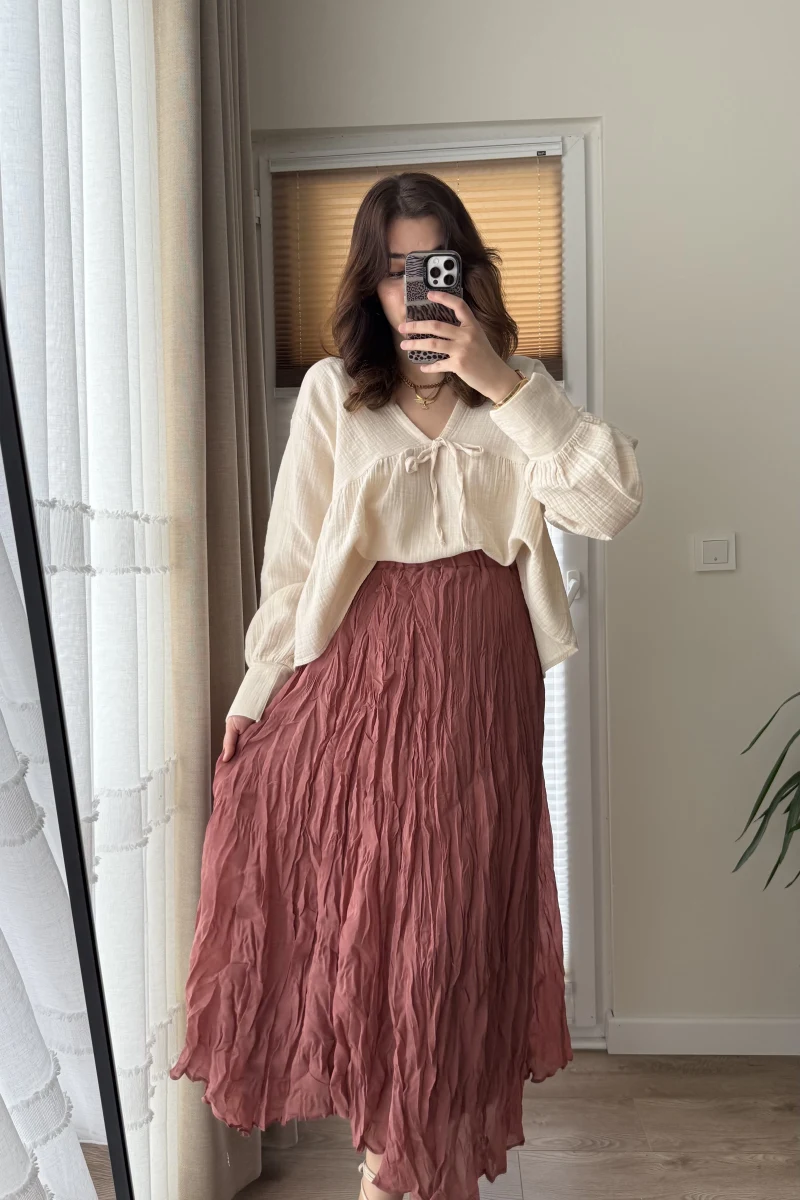 Astarlı Gül Kurusu Kloş Kırışık Etek