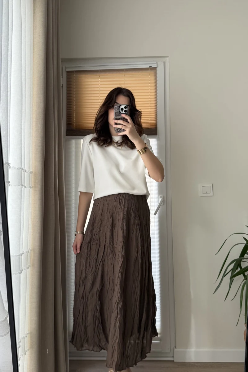 Astarlı Kahverengi Kloş Kırışık Etek