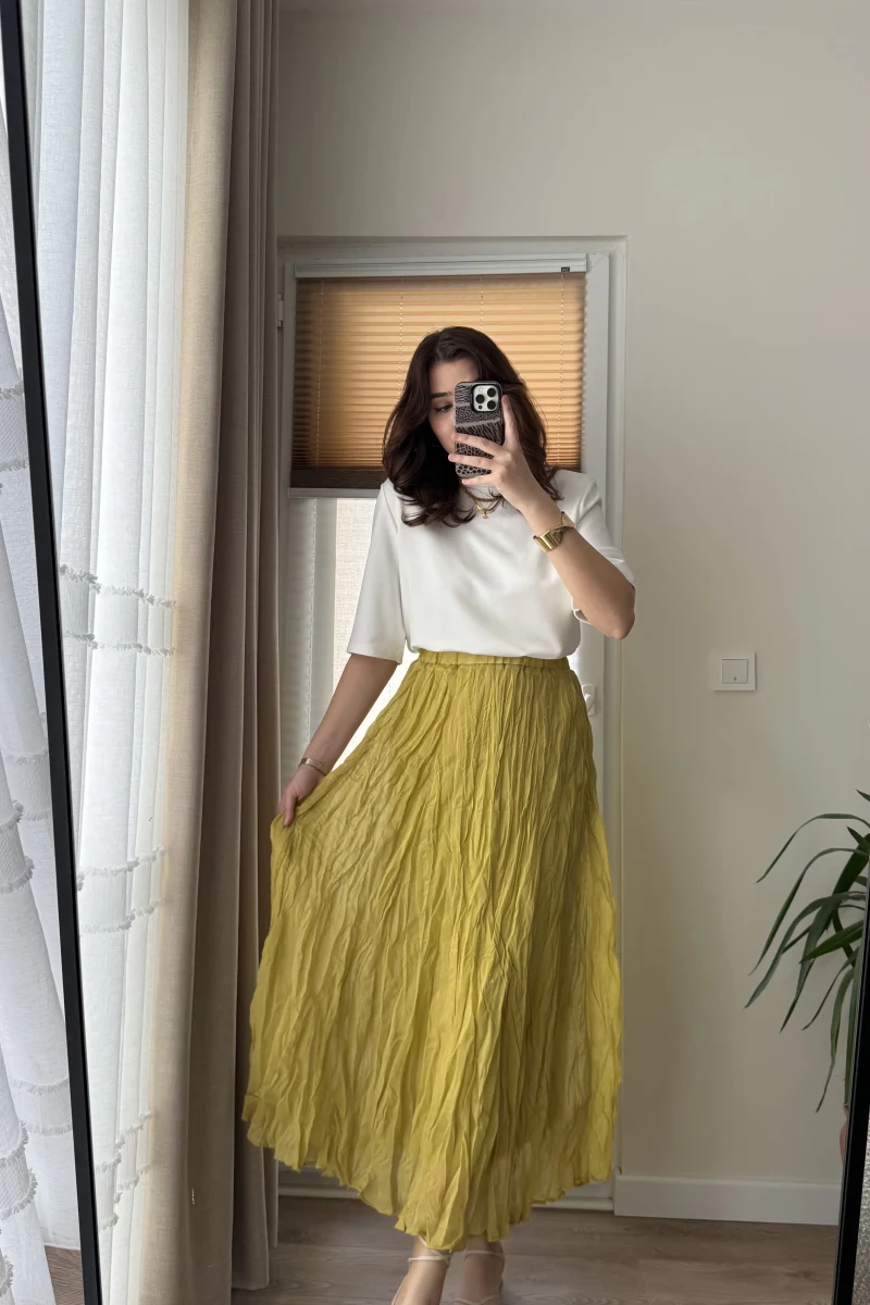 Astarlı Olive Yeşil Kloş Kırışık Etek