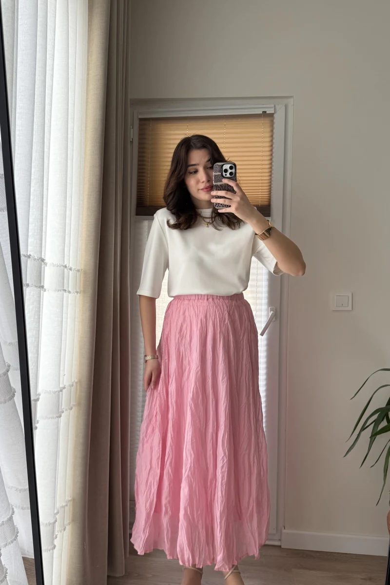 Astarlı Pembe Kloş Kırışık Etek