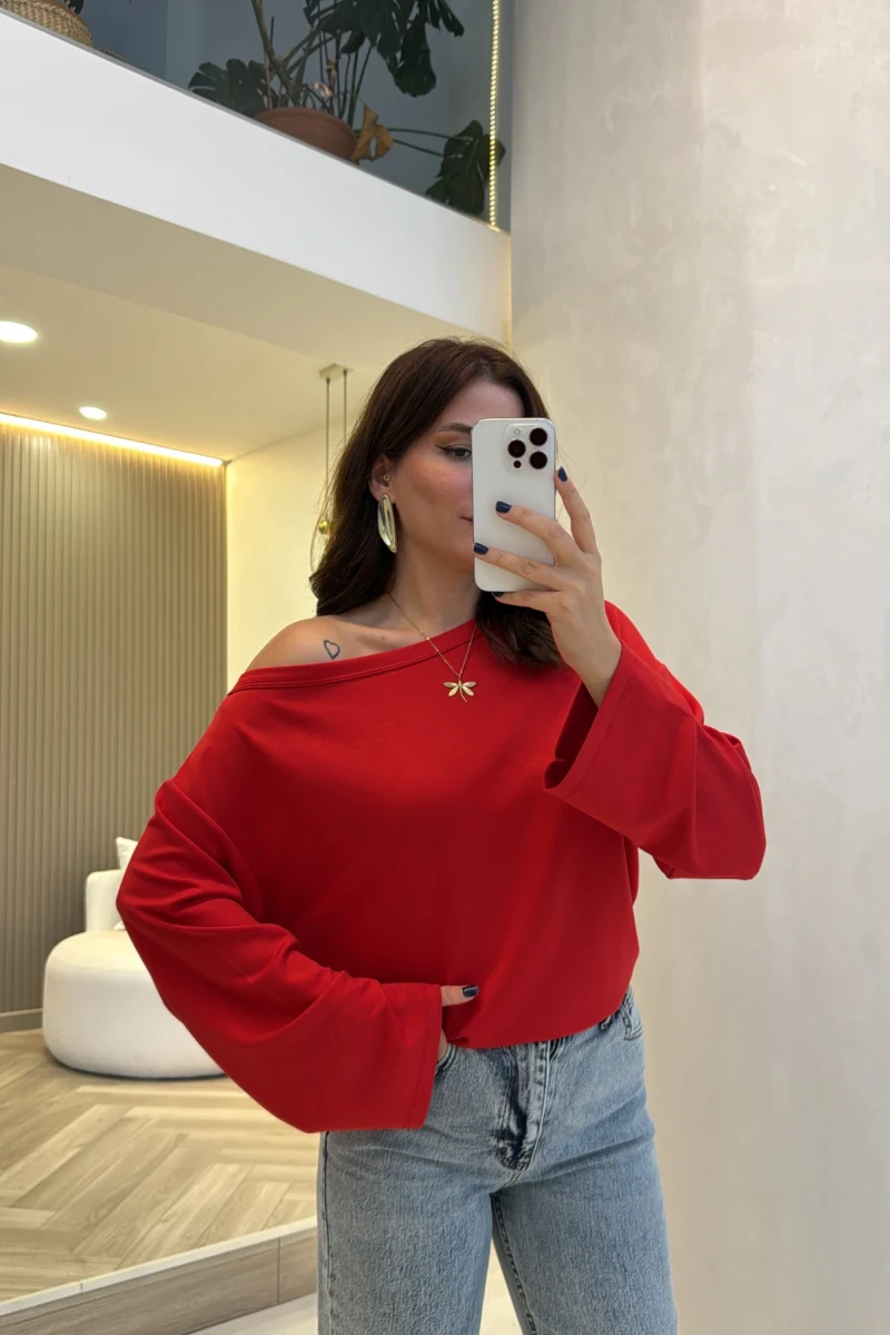 Athena Düz Model Kayık Yaka Bluz - Kırmızı - Kod: 1635