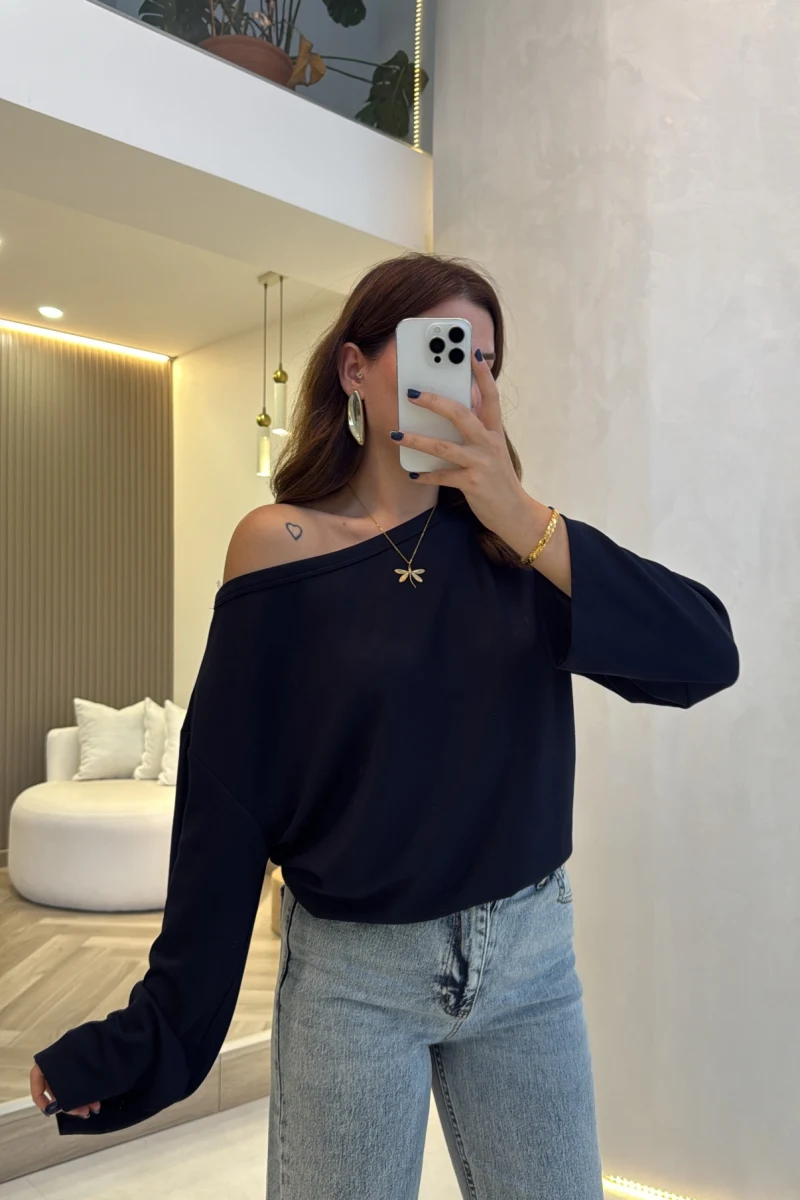 Athena Düz Model Kayık Yaka Bluz - Lacivert - Kod: 1635