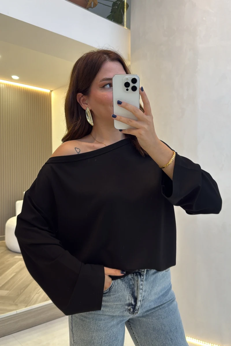 Athena Düz Model Kayık Yaka Bluz - Siyah - Kod: 1635