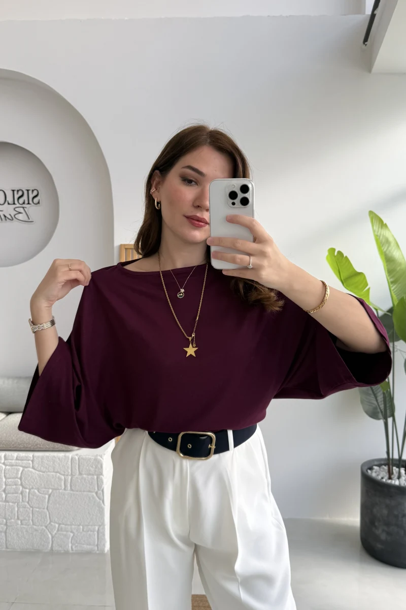 Athena Modal Yarasa Kol Kayık Yaka Bluz - Mürdüm