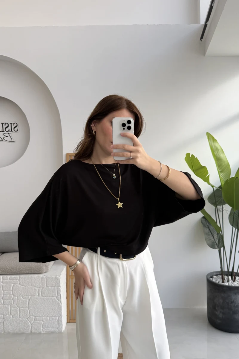 Athena Modal Yarasa Kol Kayık Yaka Bluz - Siyah