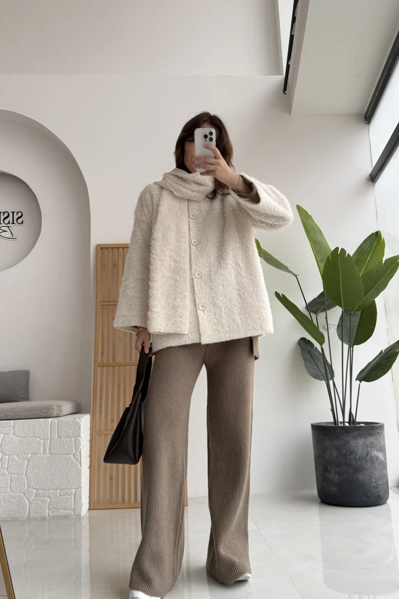 Atkılı Tüylü Ceket - Ekru - Kod: 52603