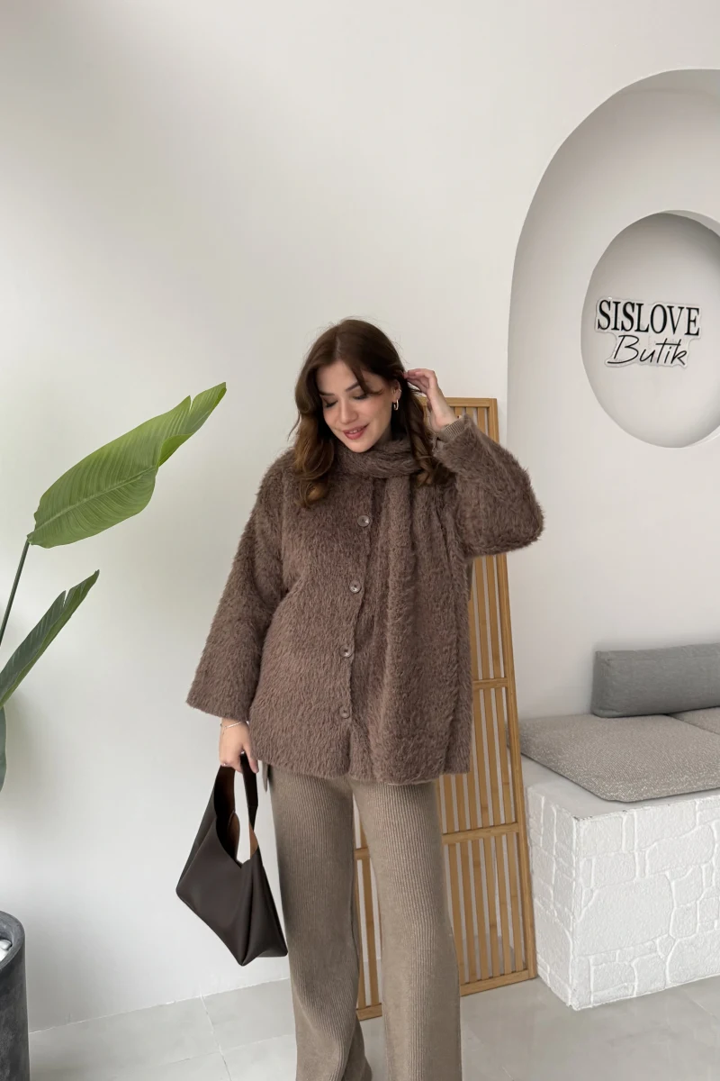 Atkılı Tüylü Ceket - Kahve - Kod: 52603