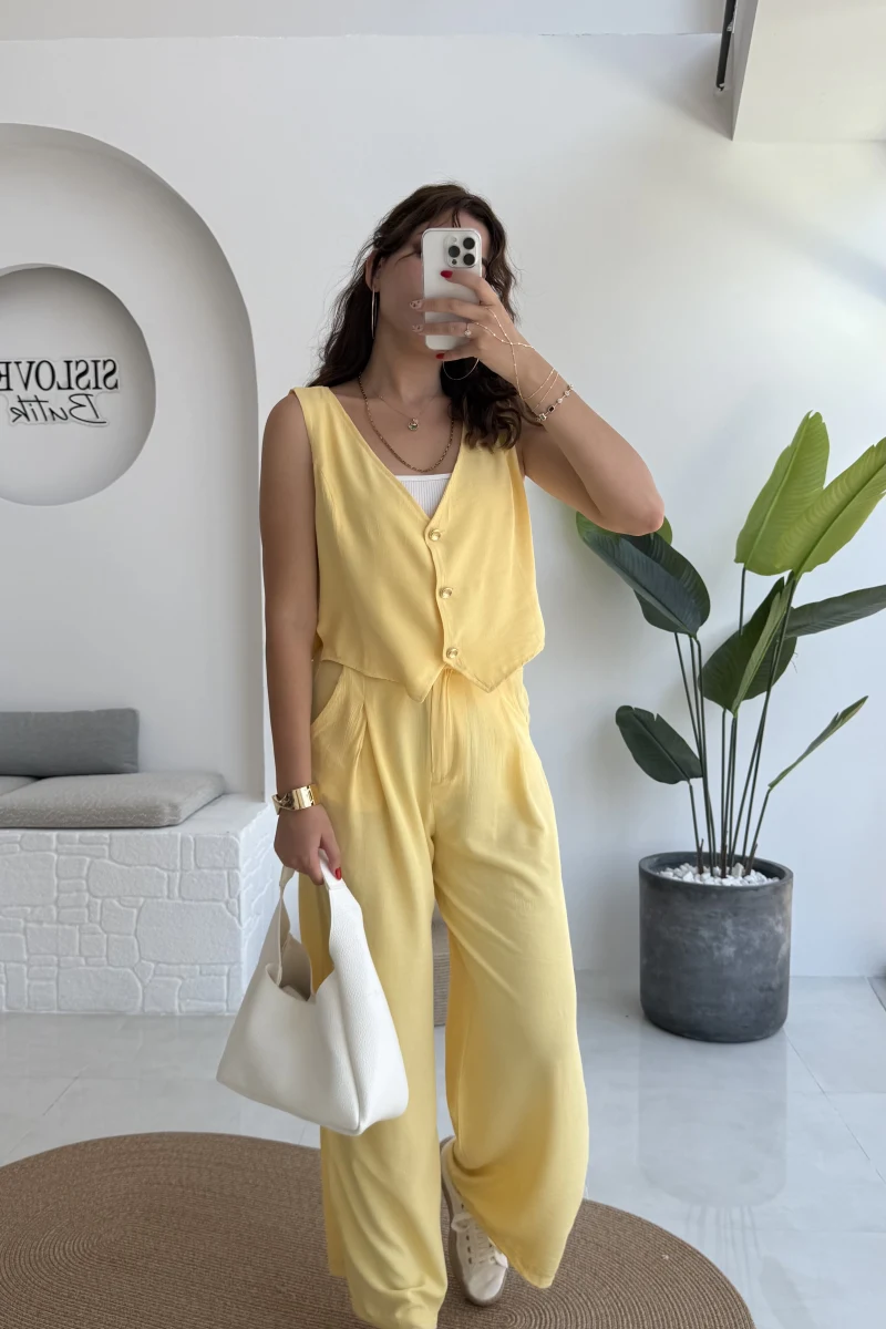 Aurora Gold Düğmeli Yelek Pantolon Takım - Sarı - 8009