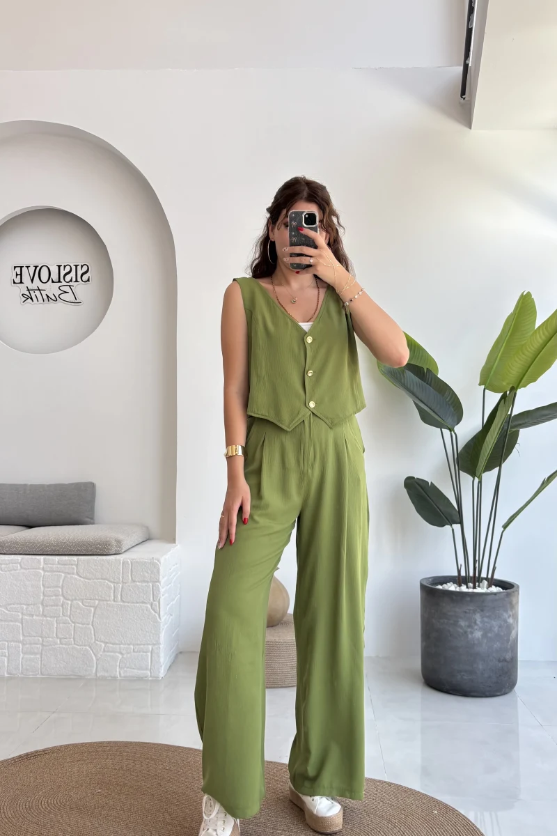 Aurora Gold Düğmeli Yelek Pantolon Takım - Yeşil - 8009