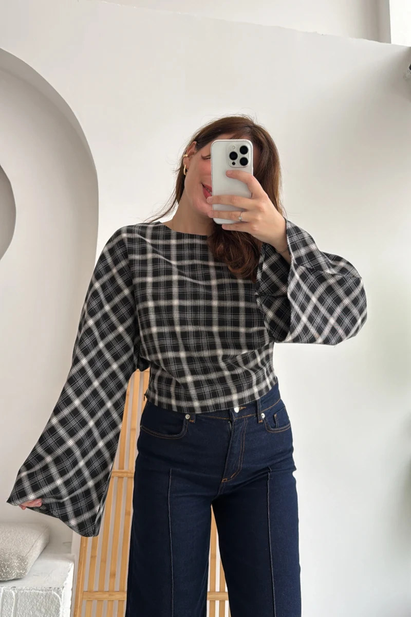 Avani Ekose Desenli Bluz - Siyah