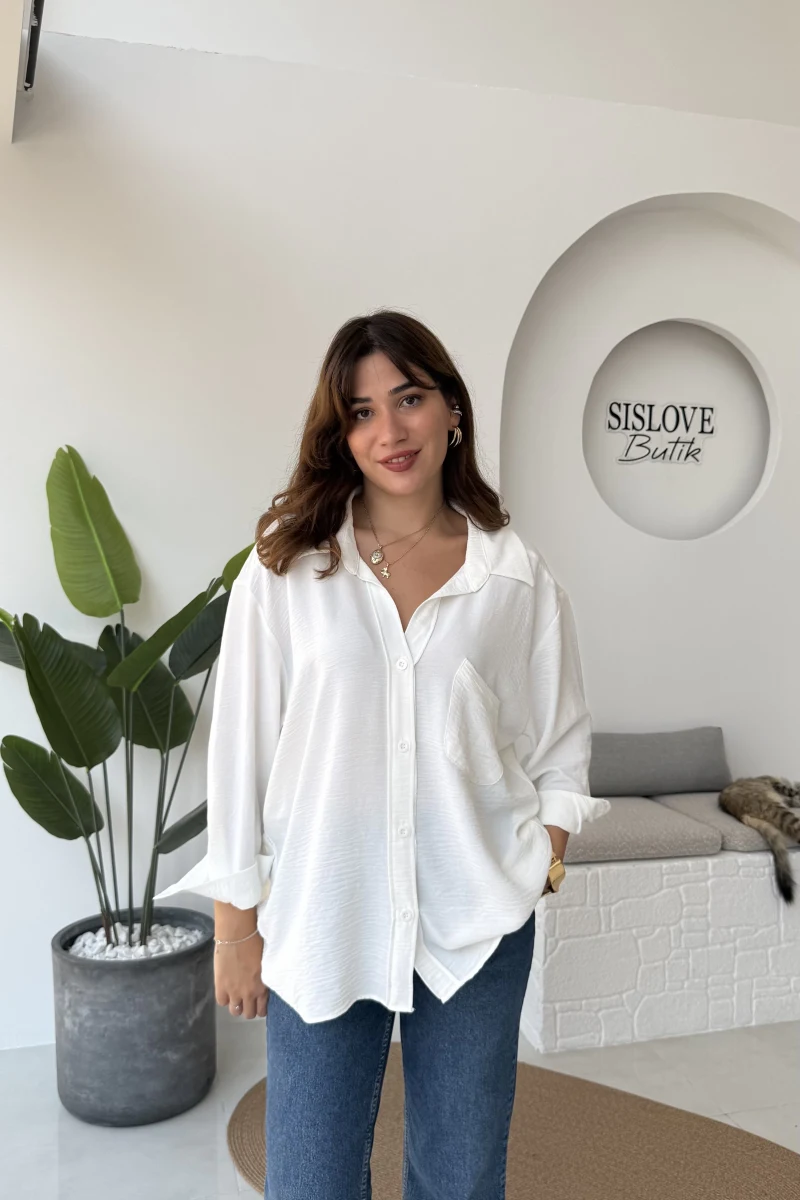 Ayrobin Kumaş Oversize Gömlek - Beyaz