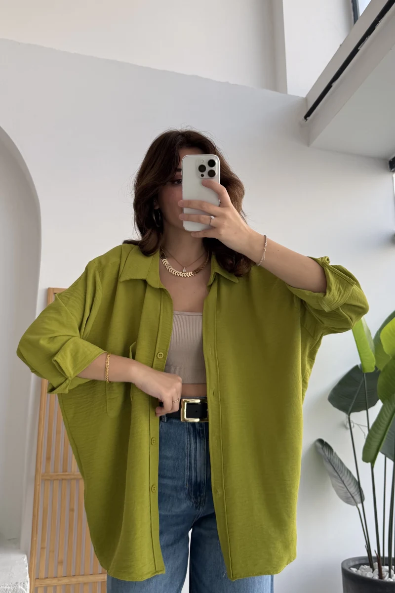 Ayrobin Kumaş Oversize Gömlek - Fıstık Yeşili