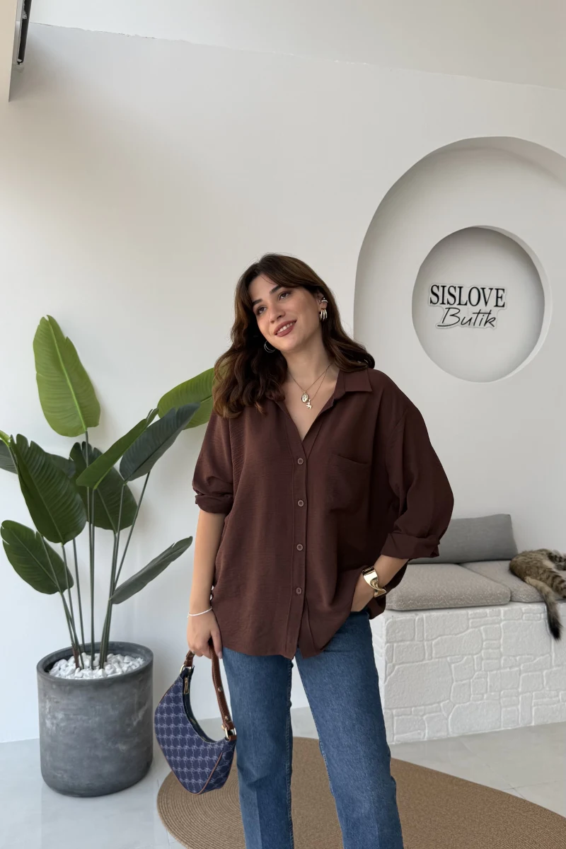 Ayrobin Kumaş Oversize Gömlek - Kahverengi