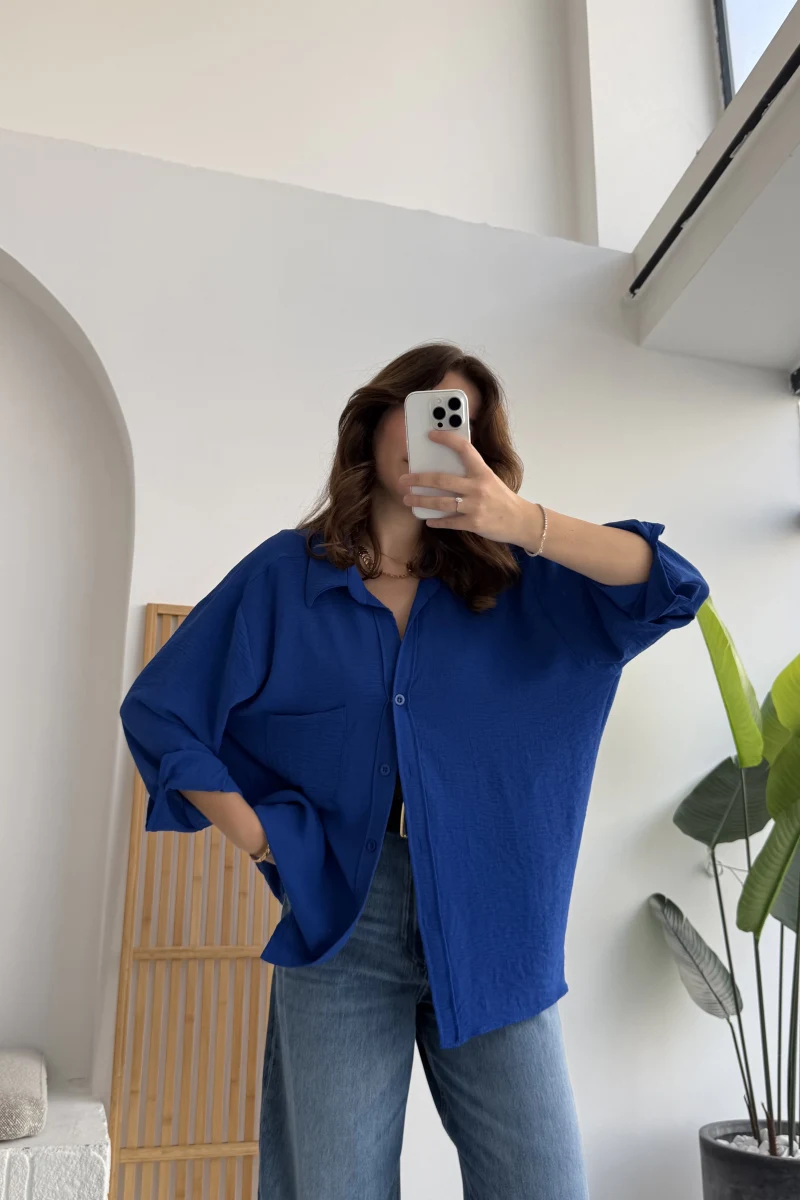 Ayrobin Kumaş Oversize Gömlek - Saks Mavisi