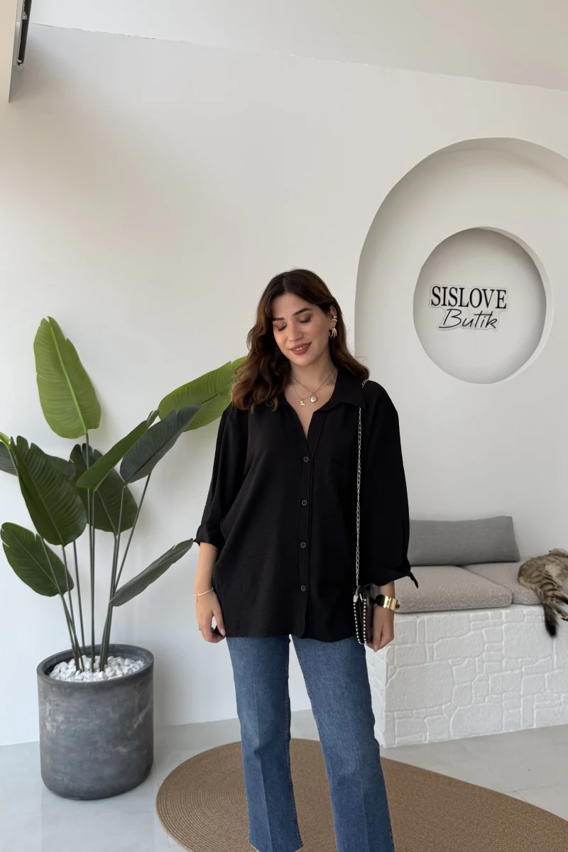 Ayrobin Kumaş Oversize Gömlek - Siyah