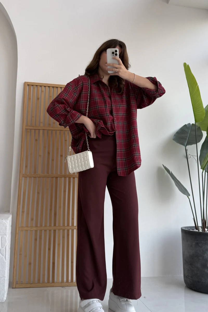 Bağcıklı Beli Lastikli Pantolon Bordo Kod: 4031