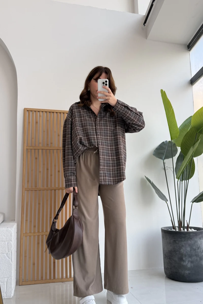 Bağcıklı Beli Lastikli Pantolon Vizon Kod: 4031