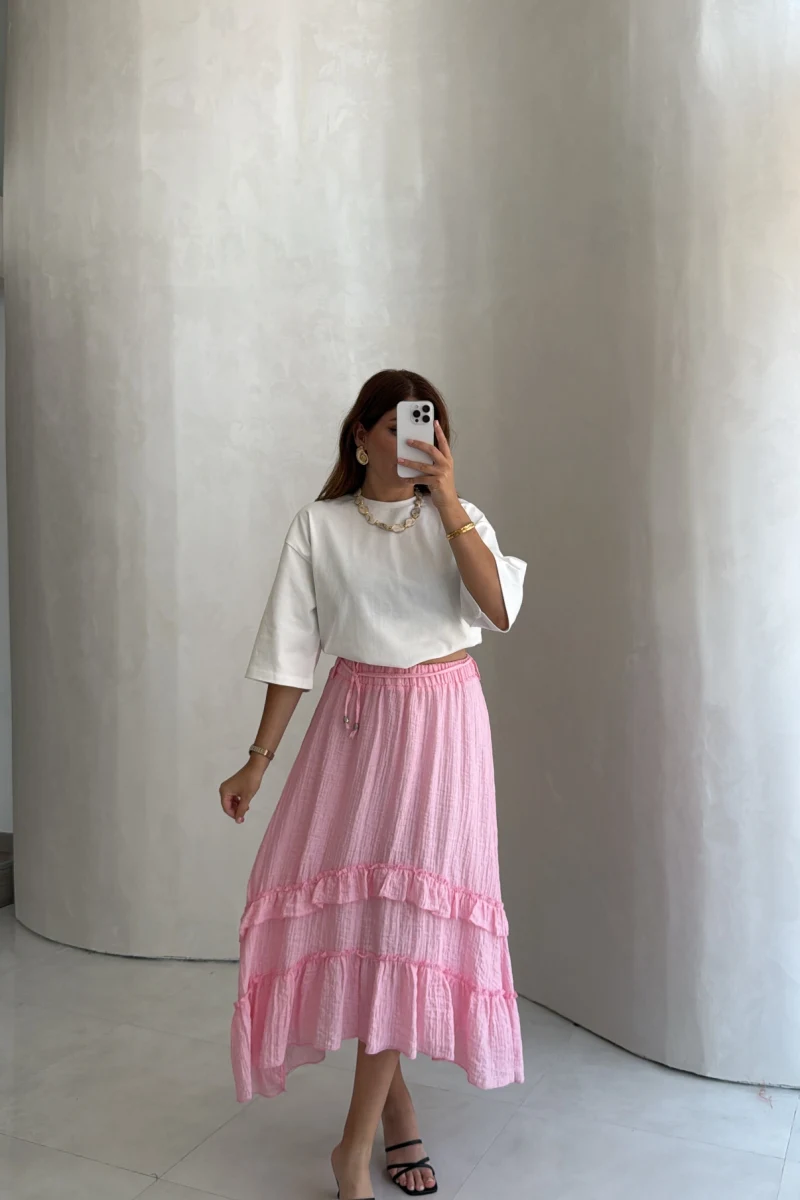 Bağcıklı Katlı Etek - Pembe - Kod: 5095