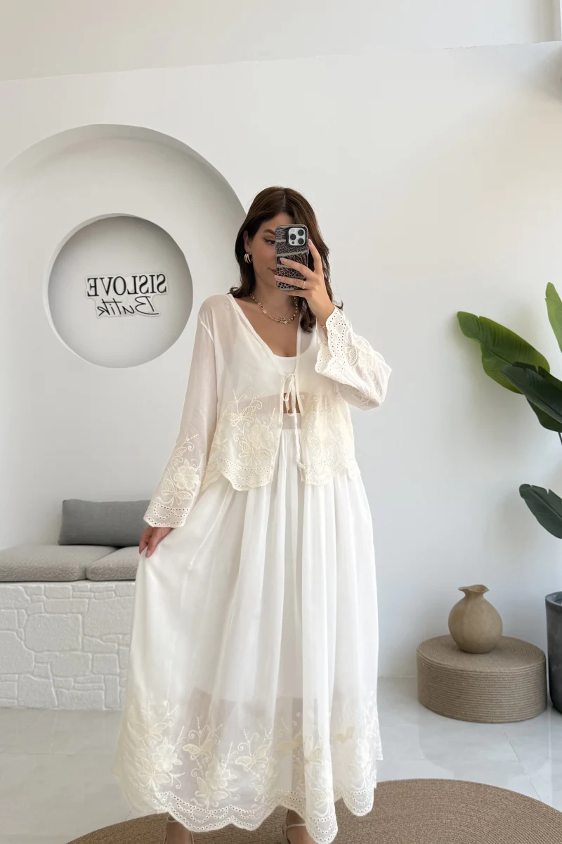 Bahar Çiçek İşlemeli Kimono Etek Takım - 8007