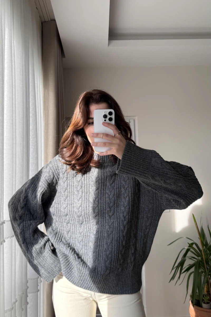 Balıkçı Yaka Örgü Model Kazak Antrasit