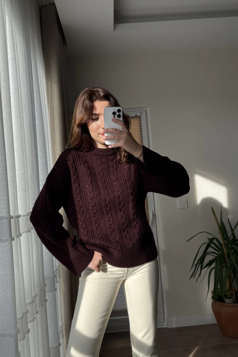 Balıkçı Yaka Örgü Model Kazak Bordo