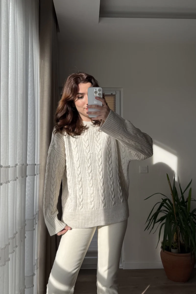 Balıkçı Yaka Örgü Model Kazak Krem