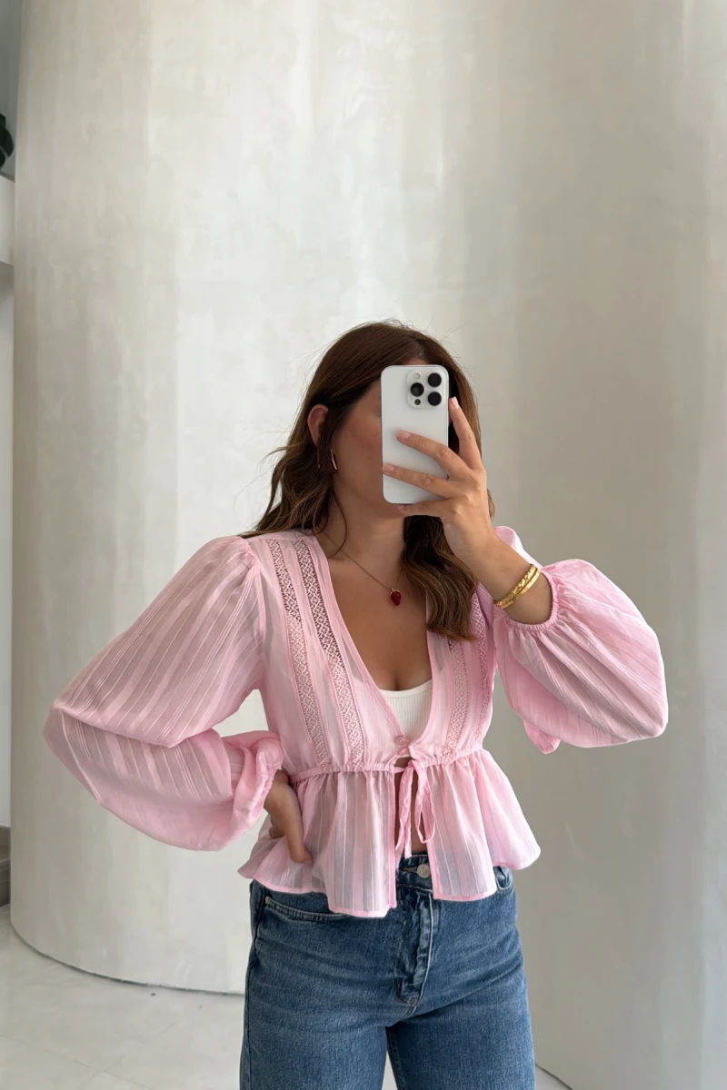 Balon Kol Beli Büzgülü Bluz - Pembe - Kod: 1066