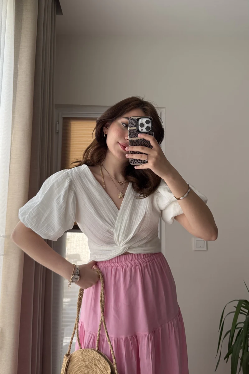 Balon Kol Beyaz Bluz - 1004