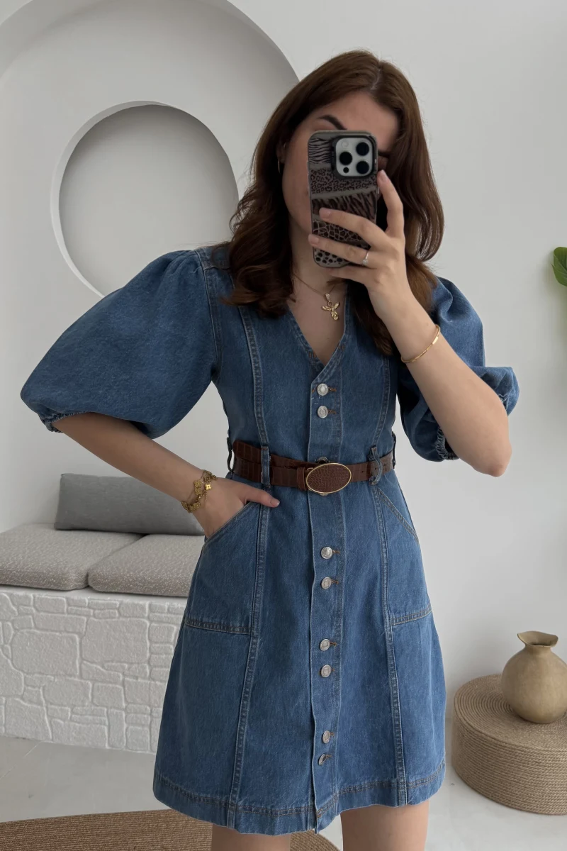 Balon Kol Denim Elbise - Kod: 7526