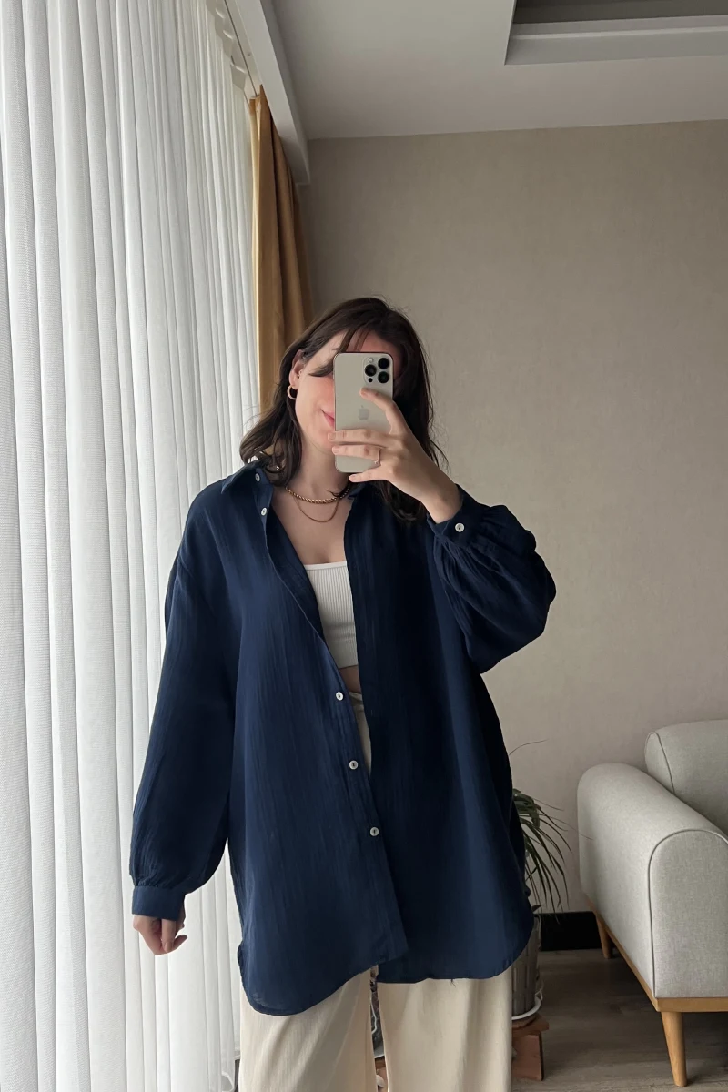 Balon Kol Lacivert Müslin Kumaş Gömlek