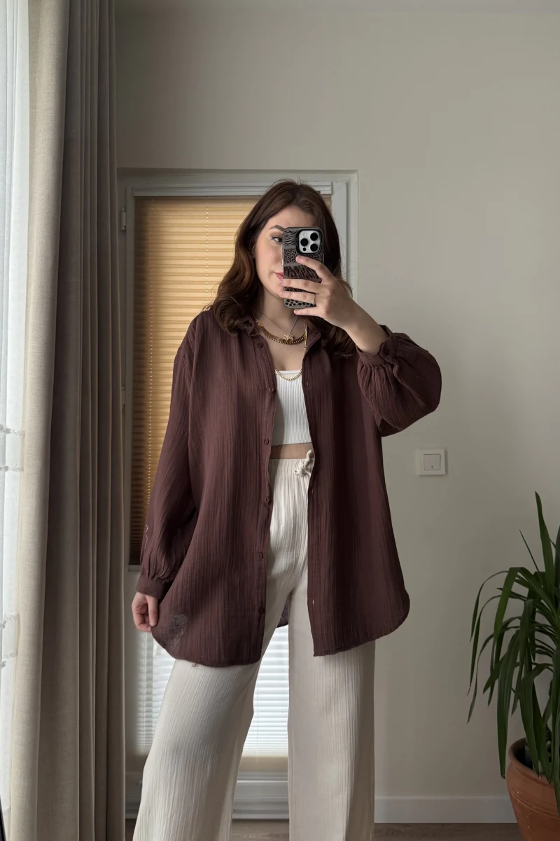 Balon Kol Müslin Gömlek - Acı Kahve - 2012