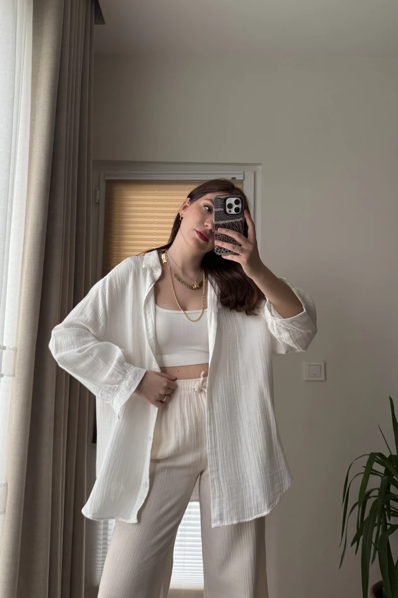 Balon Kol Müslin Gömlek - Beyaz - 2012