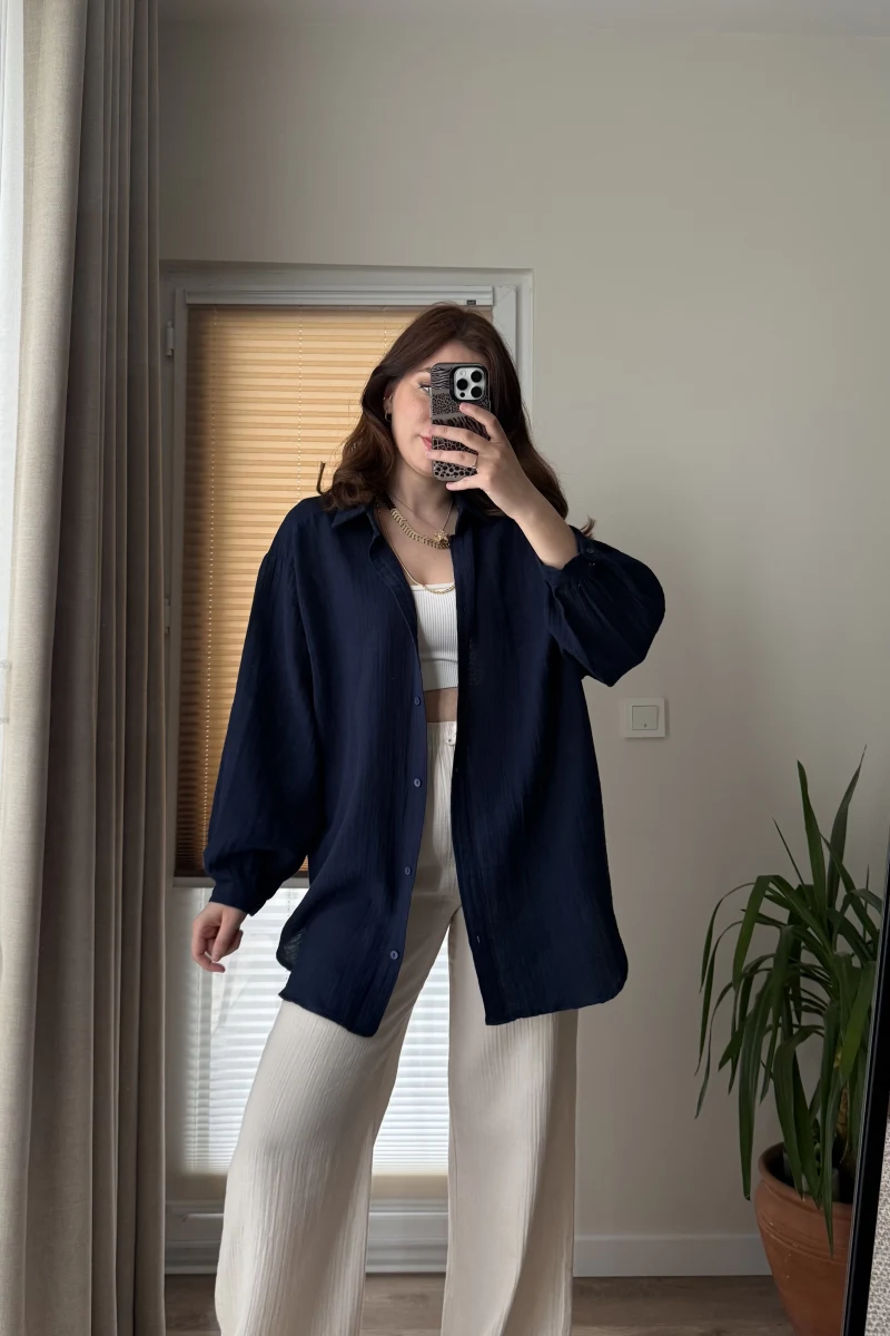 Balon Kol Müslin Gömlek - Lacivert - 2012