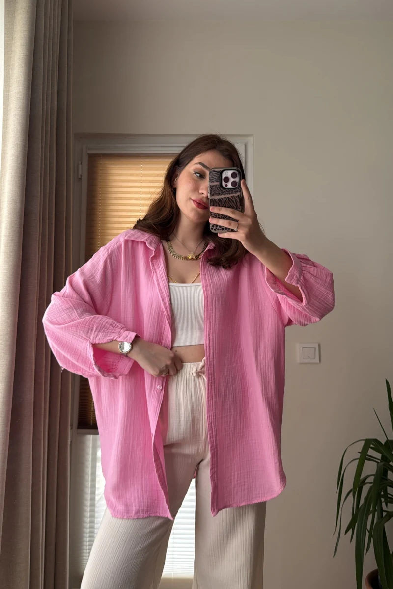 Balon Kol Müslin Gömlek - Pembe - 2012