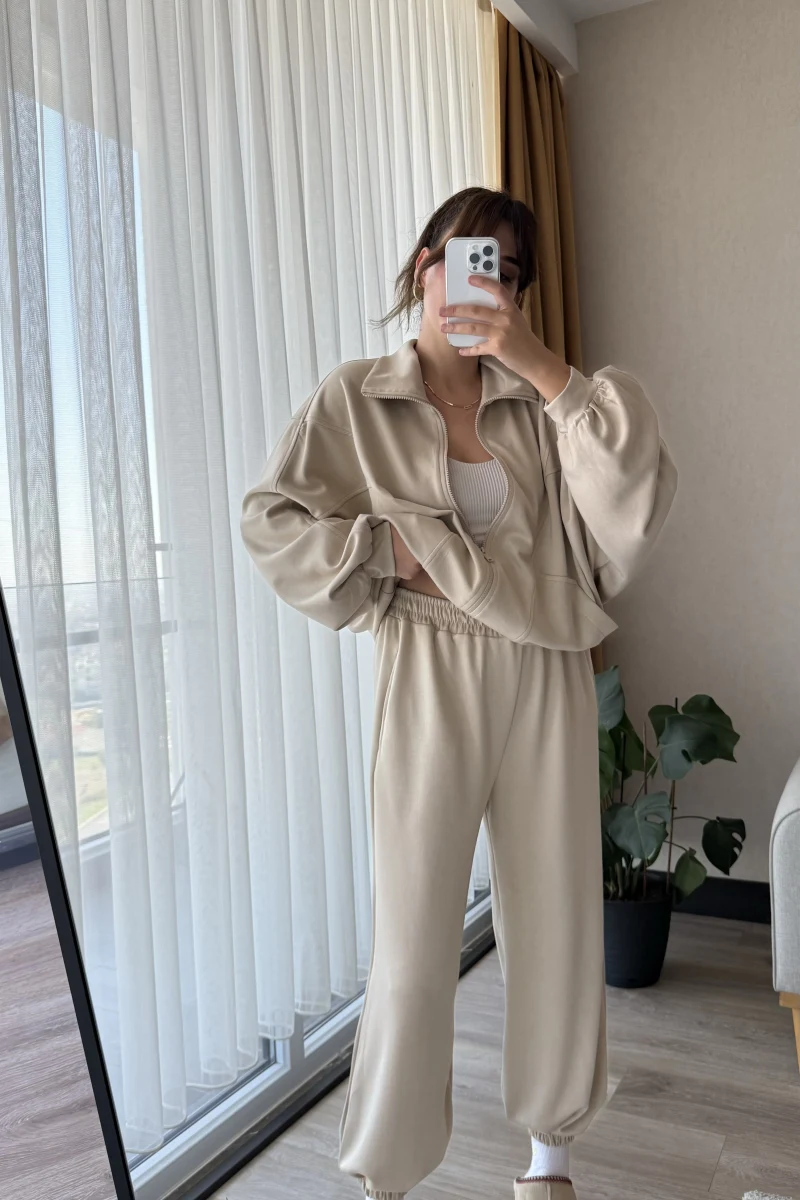 Barle Oys Kumaş Hırkalı Eşofman Takımı Krem