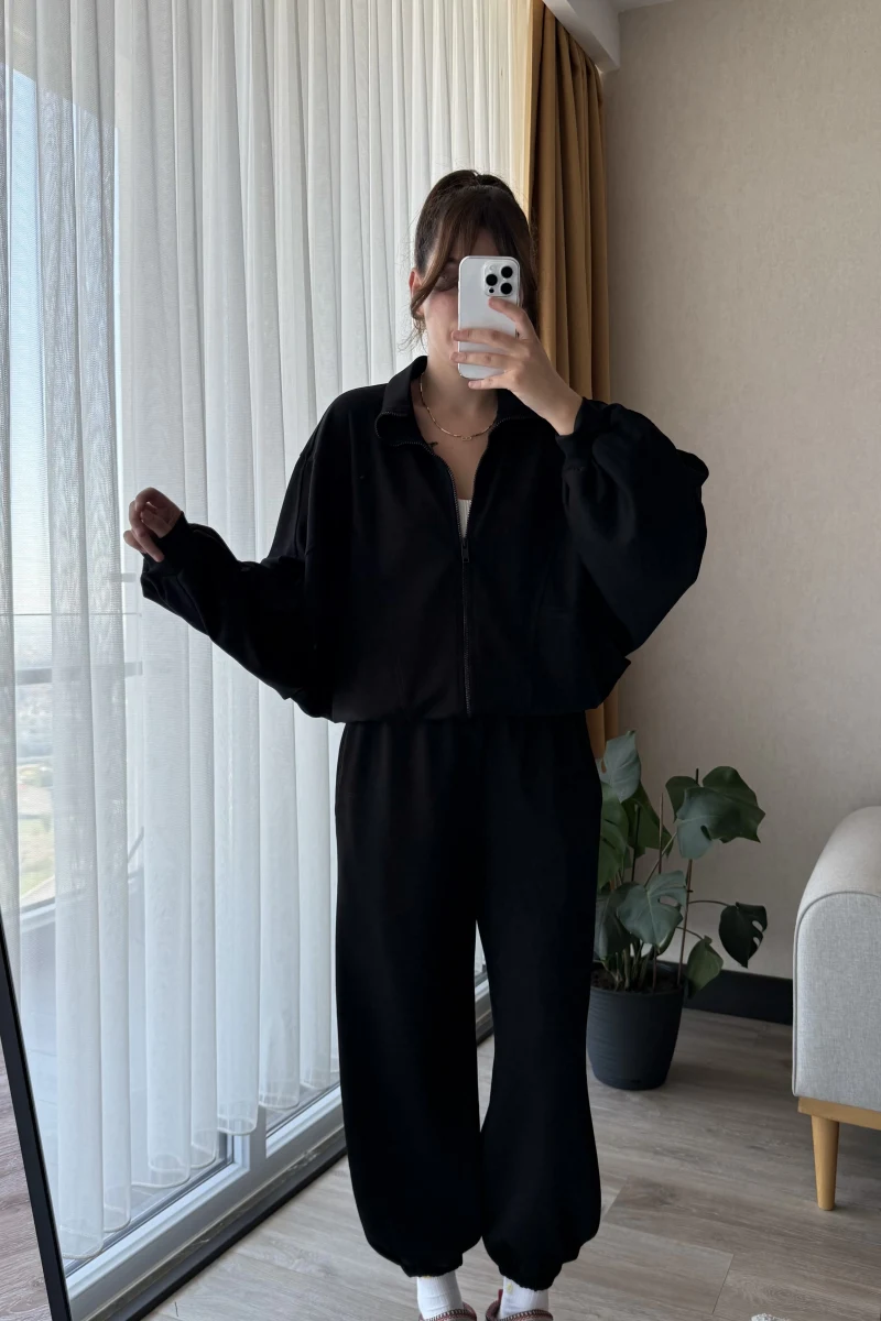 Barle Oys Kumaş Hırkalı Eşofman Takımı Siyah