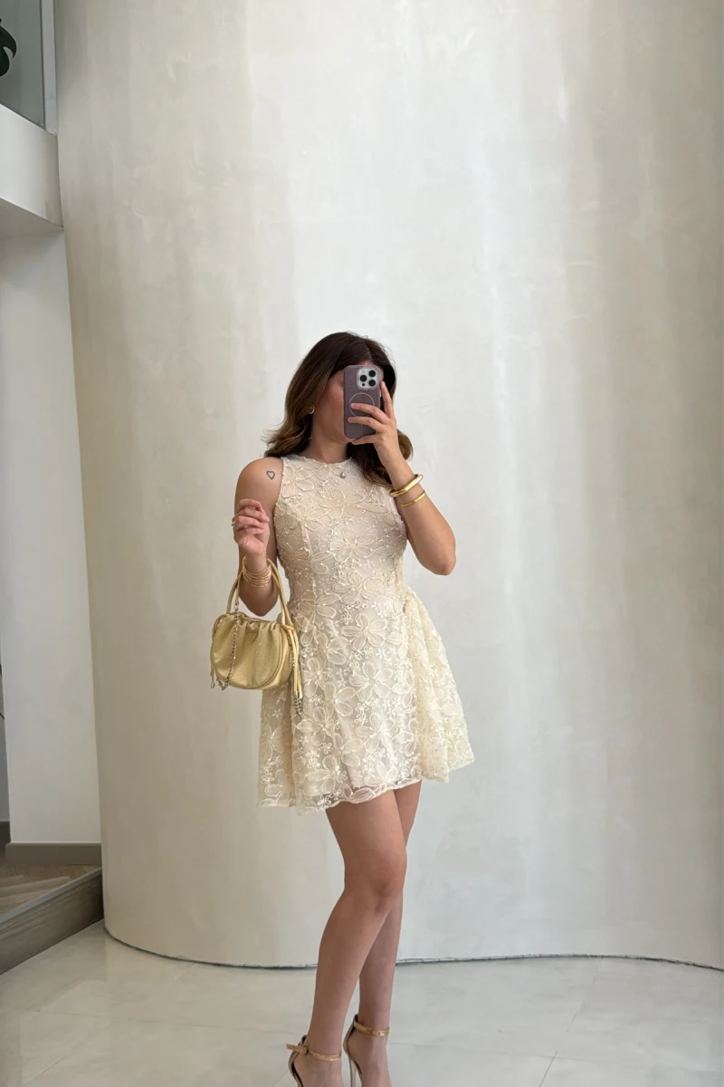 Beautiful Çiçek Dokulu Mini Elbise - Ekru - Kod: 00883