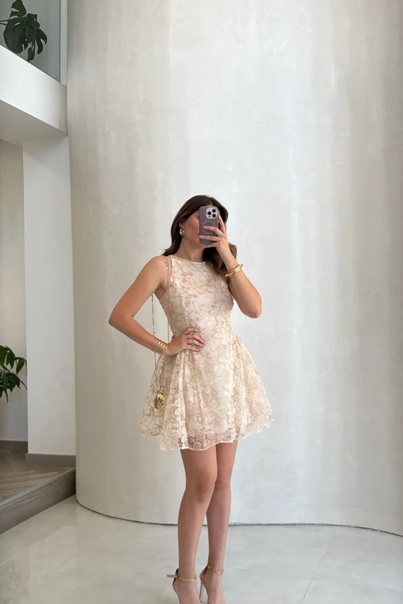Beautiful Çiçek Dokulu Mini Elbise - Pembe - Kod: 00883