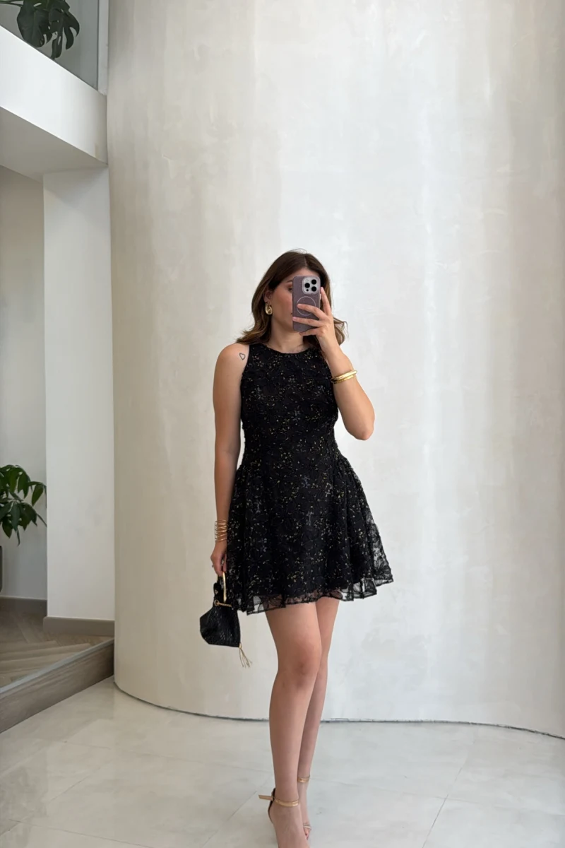 Beautiful Çiçek Dokulu Mini Elbise - Siyah - Kod: 00883