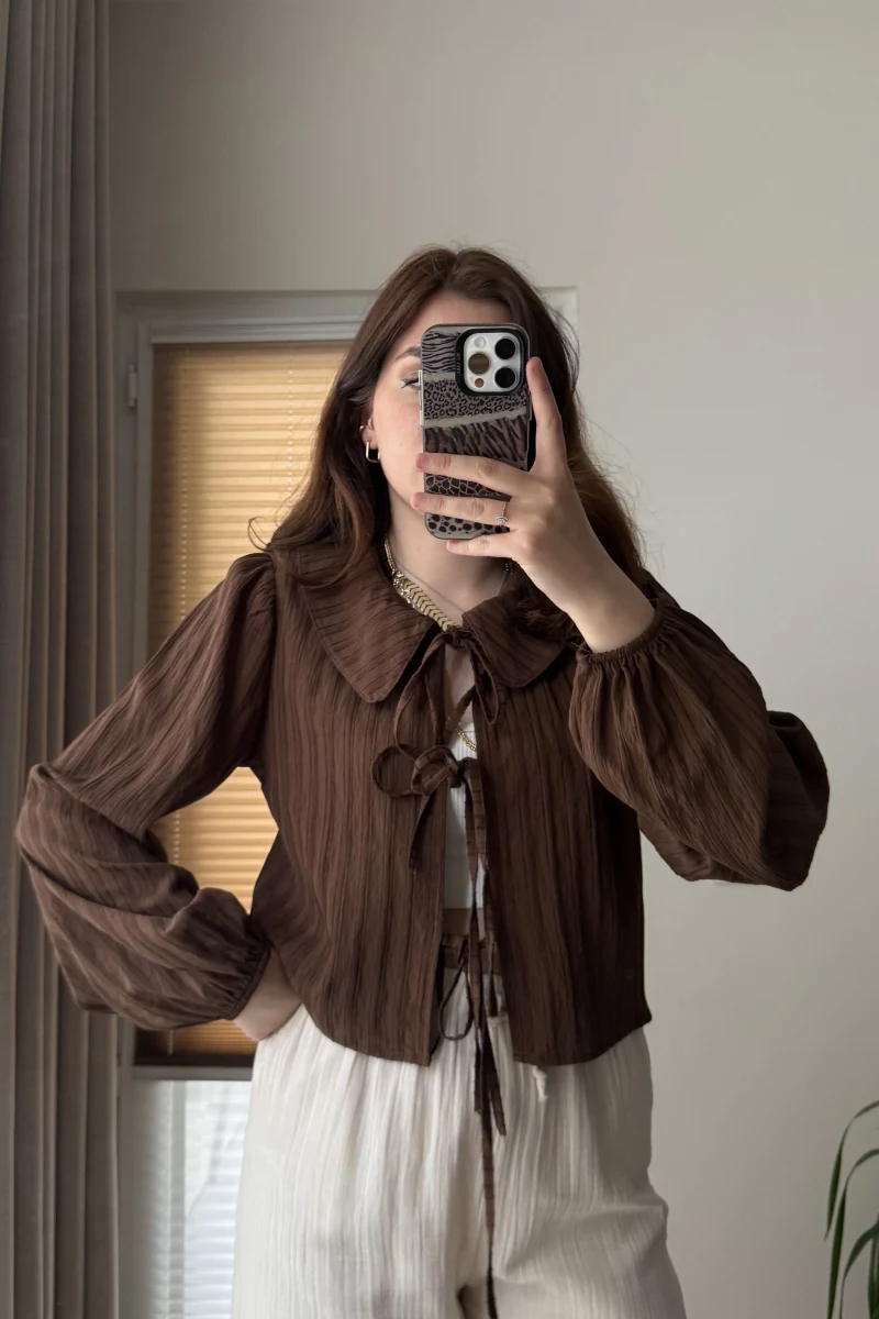 Bebe Yaka Çizgili Gömlek - Kahve - 2082