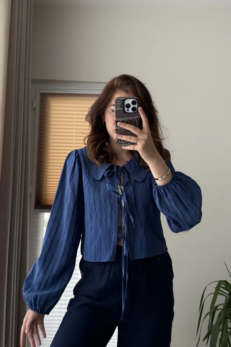 Bebe Yaka Çizgili Gömlek - Lacivert - 2082