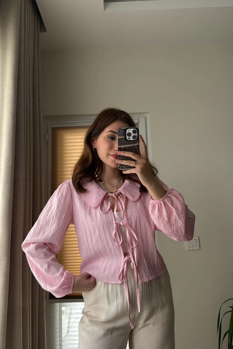 Bebe Yaka Çizgili Gömlek - Pembe - 2082