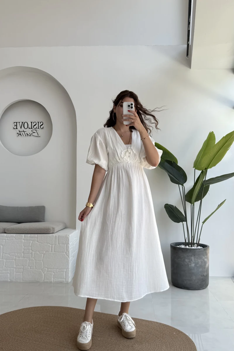 Becca Müslin Kumaş Elbise Beyaz