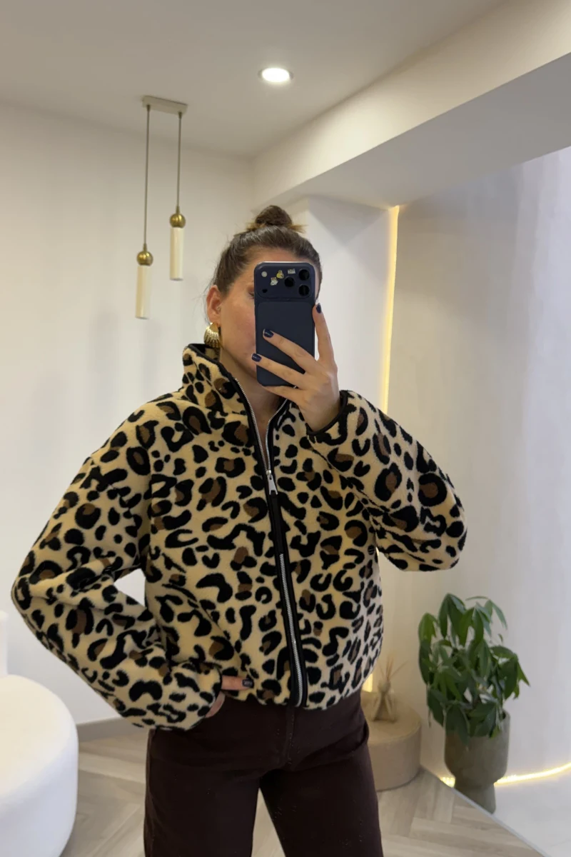 Bej Siyah Leopar Desenli Polar Hırka - Kod: 4219