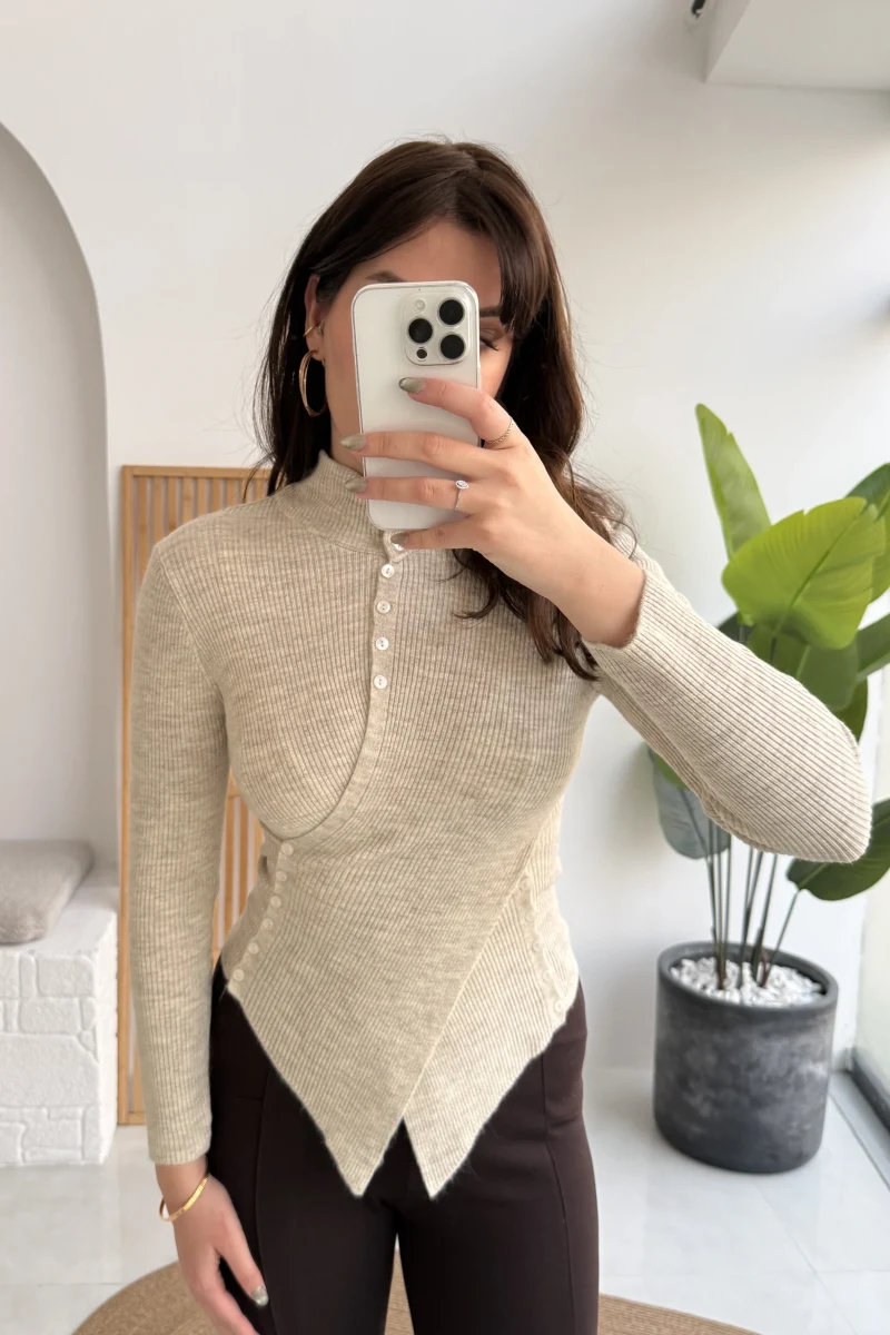 Belden Düğmeli Triko Kazak - Bej - Kod: 251027