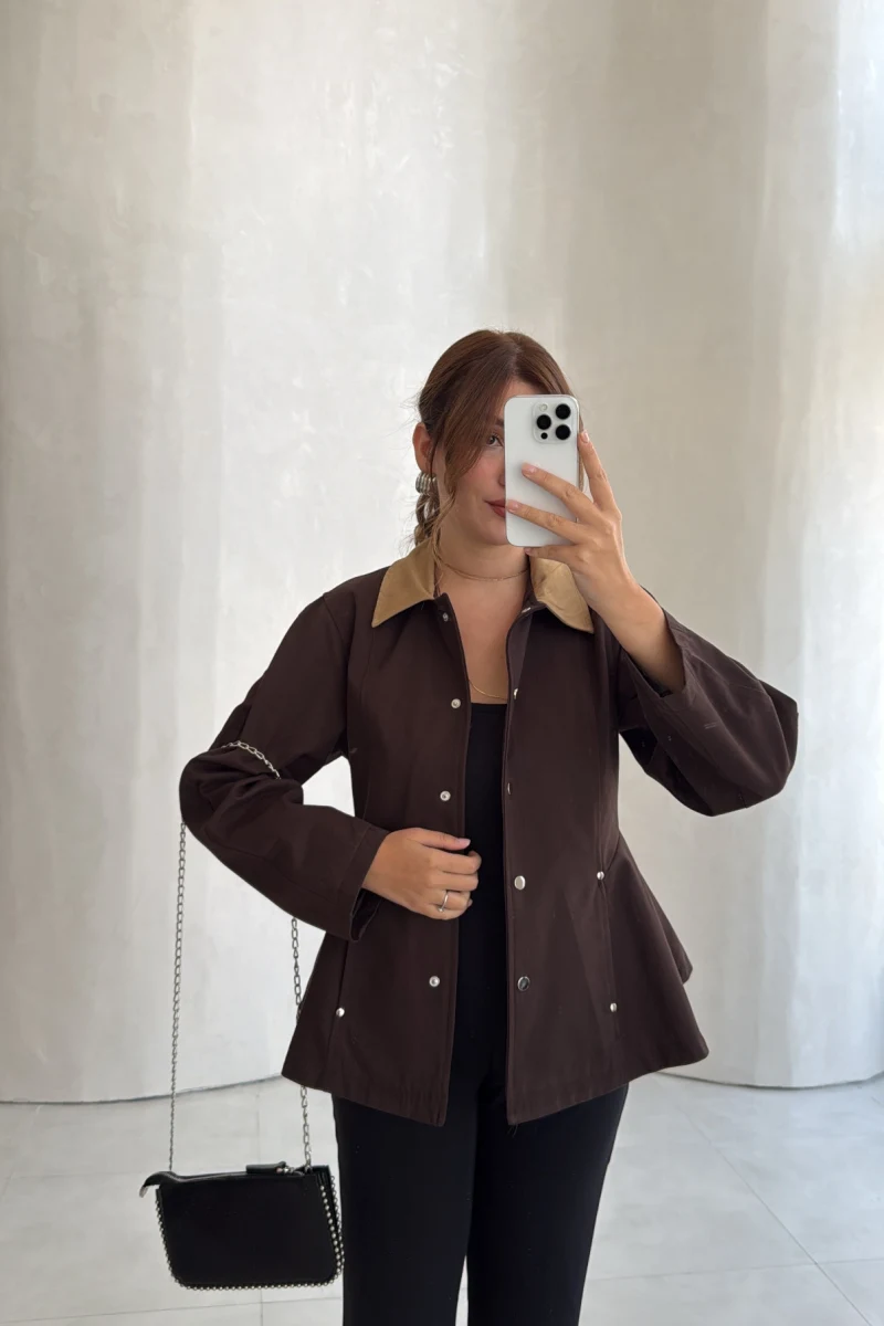 Bele Oturan Kontrast Yaka Ceket - Kahve - Kod: 7755