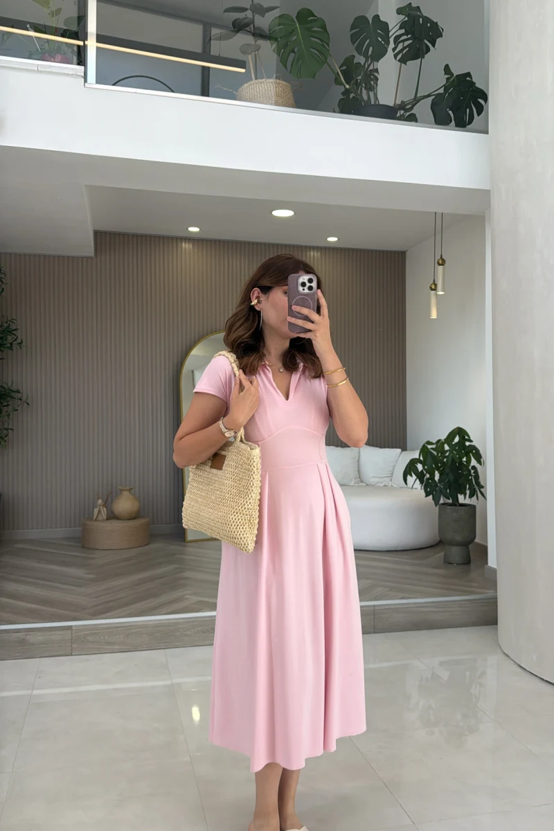 Bele Oturan Yaka Detay Elbise - Pembe - Kod: 4129