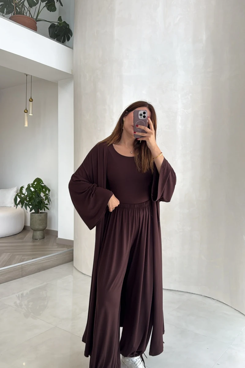 Beli Bağlamalı Üçlü Takım - Kahve - Kod: 4170